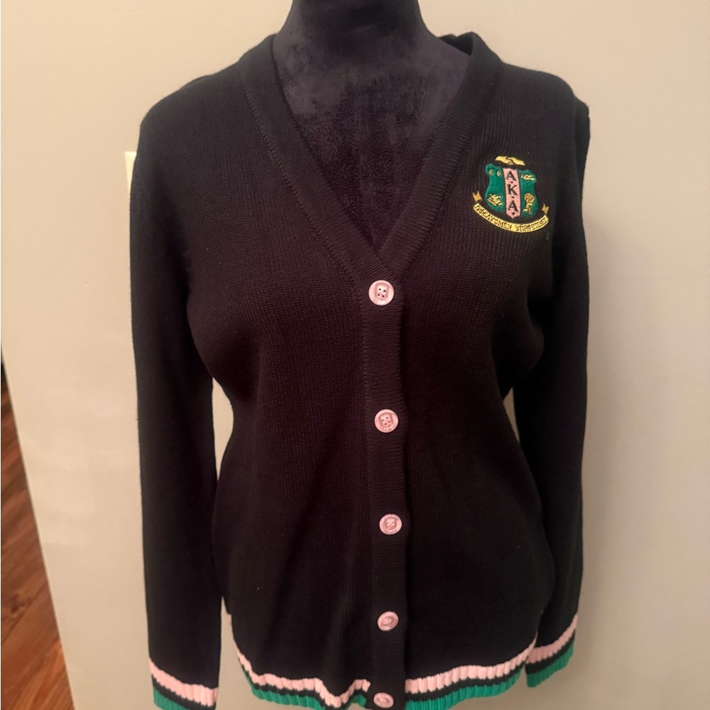 Black Cardigan with Embroidered Crest